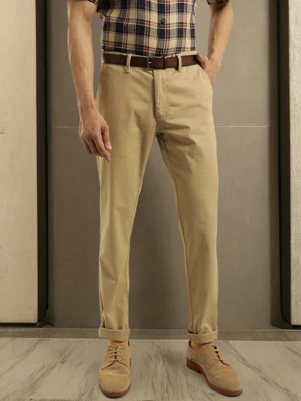 Indian Terrain Men's Slim Fit Solid Khaki Trousers